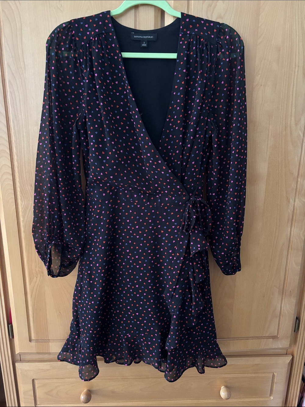 Banana Republic Black Wrap Dress with Pink Heart Motif